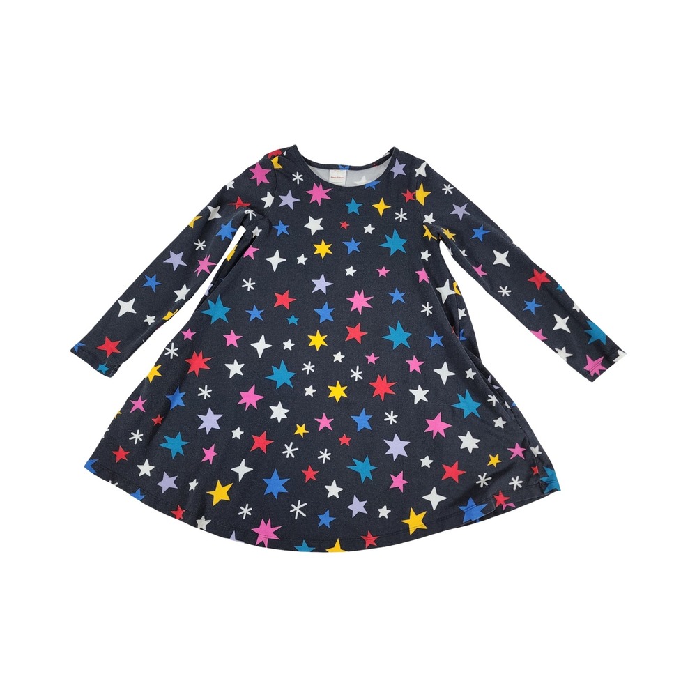 Hanna Andersson Kids Star Print Long Sleeve Swing Dress Black Multi US 8 130cm